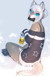  anthro beverage biped blue_eyes blush brown_body brown_fur canid canine canis clothing female fur hair hi_res liki looking_at_viewer mammal markings mouth_hold phone sitting soda solo white_body white_fur white_hair wolf 