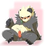  2015 anthro balls blush bodily_fluids claws cum cumshot doneru ejaculation erection genital_fluids hands-free hi_res male mammal nintendo orgasm pangoro penis pok&eacute;mon pok&eacute;mon_(species) simple_background solo sweat tapering_penis toe_claws video_games 