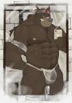  2017 abs absurd_res accessory anthro asian_clothing band-aid bandage bathroom big_muscles black_nose bodily_fluids brown_body brown_fur bulge canid canine canis cellphone chest_tuft clothing domestic_dog east_asian_clothing fundoshi fur hand_behind_back headband headphones hi_res japanese_clothing mammal musclar_male muscular nipples pecs phone pink_nipples pubes selfie solo standing sweat thedragonred12 tuft underwear 
