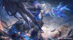  1girl black_feathers black_pantyhose black_shorts black_wings blue_bra blue_hair bra breasts colored_inner_hair ergouzi_echo feathered_wings feathers from_side galbrena_(wuthering_waves) grey_hair gun highres holstered looking_ahead medium_breasts medium_hair missing_commentary multicolored_hair pantyhose purple_eyes shorts single_wing solo underwear weapon wings wuthering_waves 