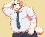  2018 anthro blush bottomwear canid canine canis clothing domestic_dog eyes_closed hi_res humanoid_hands kick_(artist) male mammal molosser mountain_dog necktie overweight overweight_male pants saint_bernard shirt simple_background solo topwear 