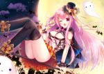  animal bat blush bow breasts clouds halloween hat long_hair mizuse_sakua moon night original pink_eyes pink_hair ribbons sky stars thighhighs wink wristwear 