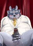  2019 absurd_res anthro balls belly biped black_nose blush bodily_fluids butt censored clothing cum cum_on_leg ejaculation erection eyes_closed genital_fluids hamagiato hi_res male necktie overweight overweight_male penis shirt sitting solo tokyo_afterschool_summoners tongue topwear tsathoggua video_games 
