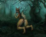  anthro anus blue_eyes breasts canid canine canis detailed_background domestic_dog female forest german_shepherd halloween herding_dog holidays looking_at_viewer lostgoose magic_user mammal night pastoral_dog presenting pussy solo tongue tree witch 