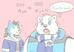  2019 anthro bear blue_body blue_eyes blue_fur canid canine canis duo english_text fur hi_res male mammal overweight overweight_male polar_bear rou_kemonone scarf shimo_kawa shirane_kan simple_background text ursine utau white_body white_fur wolf 