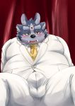  2019 absurd_res anthro biped black_nose blush bottomwear bulge clothing hamagiato hi_res lifewonders male necktie overweight overweight_anthro overweight_male pants shirt sitting solo tokyo_afterschool_summoners tongue topwear tsathoggua_(tas) 