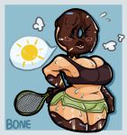  2019 big_breasts bodily_fluids bottomwear bra breasts breath clothing curvy_figure digital_media_(artwork) dolly_(thebonezonedeluxe) doughnut female food food_creature food_humanoid frosting hotpants humanoid not_furry shirt shorts slightly_chubby speech_bubble sports_bra sprinkles sweat tank_top tennis thebonezonedeluxe thick_thighs toony topwear underwear voluptuous watermark wide_hips 