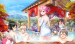  animal ass autumn bird black_hair blonde_hair blush brown_hair cat clouds green_eyes group leaves onsen pink_hair red_eyes rubber_duck shironeko_project short_hair sky tagme_(artist) tagme_(character) towel water wet yellow_eyes 