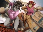  2019 4:3 black_hair bottomless breasts casual_exposure city clothed clothing day detailed_background digital_media_(artwork) duo felid feline female hair hi_res hyaenid mammal outside pussy red_hair sky spotted_hyena twinkle-sez 