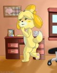  2019 after_shower alternate_version_at_source animal_crossing anthro biped black_nose blonde_hair blush brush brushing brushing_teeth butt canid canine canis desk digital_media_(artwork) domestic_dog female fox fox_mccloud fur furniture hair hi_res isabelle_(animal_crossing) long_ears looking_at_another mammal nintendo nude office pawpads paws peeping perinia phone pussy shih_tzu solo star_fox surprise toothbrush towel toy_dog video_games water wet 