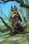  2019 5_fingers anthro arrow black_nose brown_body brown_fur canid canine canis clothed clothing day detailed_background digital_media_(artwork) fingers forest fur grass green_eyes hi_res holding_bow holding_object holding_weapon male mammal outside solo tree weapon wolf zephra 