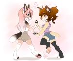  &lt;3 2019 4_toes 5_fingers anthro blue_eyes breasts brown_hair canid canine canis clothed clothing digital_media_(artwork) domestic_dog duo ear_piercing ear_ring eyebrows eyelashes female female/female fingers hair hand_holding mammal piercing pink_hair simple_background smile toes wolflady 