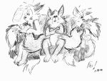  2_tails anthro bodily_fluids canid canine crossed_arms fluffy fluffy_tail fox furniture fuzzy_(artist) group mammal monochrome multi_tail nude simple_background sitting sofa sweat traditional_media_(artwork) white_background 