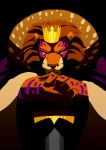  armello black_background clothed clothing corrupted crown felid frown fur lion male mammal markings melee_weapon orange_body orange_fur pantherine purple_eyes purple_markings simple_background sword the_king_(armello) video_games weapon 