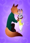  &lt;3 bottomwear canid canine clothed clothing dipstick_ears dipstick_tail disney fox fully_clothed fur green_eyes grey_body grey_fur hi_res judy_hopps kneeling lagomorph leporid looking_at_another madhattermisfits mammal multicolored_ears multicolored_tail nick_wilde orange_body orange_fur pants purple_background purple_eyes rabbit red_fox scut_tail shirt signature simple_background smile standing topwear zootopia 