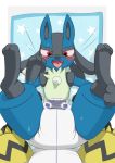  ambiguous_gender anthro bedding blanket blush bodily_fluids diaper drooling duo hi_res legendary_pok&eacute;mon lucario lying nintendo nyanyakotarou open_mouth pok&eacute;mon pok&eacute;mon_(species) saliva spread_legs spreading sweat tears teeth tongue video_games zeraora 