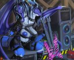  2_heads anthro big_breasts black_hair blue_eyes breasts claws clothed clothing collar dew_dragon dragon electric_guitar fangs female fingerless_gloves gloves glowing glowing_eyes guitar hair handwear horn multi_head musical_instrument nipples non-mammal_breasts purple_body purple_scales scales speaker thick_thighs tongue 