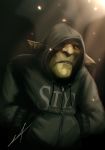  close-up clothed clothing english_text goblin grey_body grey_skin hood humanoid humanoid_pointy_ears looking_at_viewer male not_furry of_orcs_and_men orange_eyes portrait solo styx sweater teeth text topwear video_games welodya 
