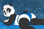  black_eyes clothing female frown giant_panda joaoppereiraus looking_at_viewer looking_back lying mammal on_front solo sueli_(character) underwear ursid 