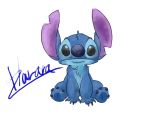  2019 4:3 4_fingers 4_toes alien black_eyes blue_body blue_claws blue_fur blue_nose blue_pawpads chest_tuft claws digital_media_(artwork) disney experiment_(lilo_and_stitch) fingers front_view fur harara head_tuft hi_res lilo_and_stitch looking_at_viewer notched_ear pawpads signature simple_background sitting solo stitch_(lilo_and_stitch) toes tuft white_background 