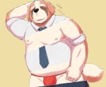  2018 anthro asian_clothing blush bottomwear canid canine canis clothing domestic_dog east_asian_clothing eyes_closed fundoshi hi_res humanoid_hands japanese_clothing kick_(artist) male mammal molosser moobs mountain_dog necktie nipples overweight overweight_male pants saint_bernard shirt simple_background solo topwear underwear 