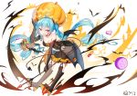  animal aqua_hair bai_yemeng bat boots bow breasts candy choker cleavage dress elbow_gloves gloves halloween hatsune_miku heart long_hair pumpkin red_eyes signed spear twintails vocaloid weapon wings 