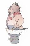  2019 anthro belly biped bottomwear chisa_sa clothing eyewear glasses humanoid_hands male mammal melee_weapon overweight overweight_male pants simple_background solo sword weapon white_background 