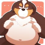 2019 96tning anthro belly bernese_mountain_dog black_nose blush canid canine canis domestic_dog fur humanoid_hands male mammal molosser mountain_dog navel overweight overweight_male simple_background solo swiss_mountain_dog white_body white_fur 