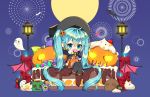  animal aqua_eyes aqua_hair bat cake candy cape chibi chocolate food gloves halloween hat hatsune_miku lollipop long_hair moon norang_ pumpkin twintails vocaloid wings witch_hat 