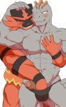  2019 5_fingers abs anthro barazoku biceps black_body black_fur blush clothing duo felid feline fingers foreskin from_behind_position fur grey_body grey_skin grope hand_in_underwear hand_on_head humanoid humanoid_penis incineroar machoke male male/male mammal muscular muscular_male nintendo nipples penis pok&eacute;mon pok&eacute;mon_(species) red_body red_fur sex smile thong underwear video_games yoshizaurusu_n 