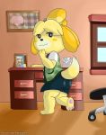  2019 after_shower alternate_version_at_source animal_crossing anthro biped black_nose blonde_hair bottomwear brush brushing brushing_teeth butt canid canine canis clothed clothing desk digital_media_(artwork) domestic_dog female fox fox_mccloud fur furniture hair hi_res isabelle_(animal_crossing) long_ears looking_at_another mammal nintendo office pawpads paws peeping perinia phone shih_tzu shirt skirt solo star_fox surprise toothbrush topwear towel toy_dog video_games water wet 