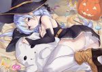  animal ass bat blue_eyes blue_hair boots breasts candy cleavage dress elbow_gloves fire fuyukin_chiba gloves halloween hat lollipop original panties pumpkin thighhighs underwear witch_hat 