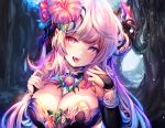  breast_hold breasts cleavage close cropped elbow_gloves fang flowers forest gloves horns long_hair original painteen pink_hair pointed_ears tree 