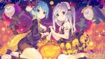  2girls animal aqua_eyes aqua_hair bat blush candy cat clouds cross food gray_hair halloween headband ikari_(aor3507) iriam lollipop moon pumpkin purple_eyes short_hair sky sorato_yoru twintails yuzuriha_tsumugi 