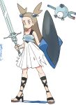  1girl alternate_costume artist_name brown_footwear brown_hair closed_mouth commentary commission dress eyelashes hair_bobbles hair_ornament high_heels holding holding_shield holding_sword holding_weapon jasmine_(pokemon) knees legs_apart long_hair magnemite orange_eyes pokemon pokemon_(creature) pokemon_(game) pokemon_gsc shield simple_background sooperman standing sword toes two_side_up weapon white_background white_dress wrist_wrap 