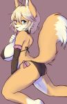  2018 5_fingers anthro armwear big_breasts bikini biped black_nose blonde_hair blue_eyes breasts butt canid canine clothing dipstick_tail elbow_gloves faeki_(character) female fingers fox fur gloves hair handwear kemono kneeling looking_at_viewer mammal multicolored_tail pomelo portrait rear_view side_boob simple_background smile solo swimwear tan_body tan_fur tongue white_body white_fur 