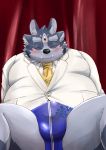  2019 absurd_res anthro belly biped black_nose blush bodily_fluids clothing cum eyes_closed genital_fluids hamagiato hi_res male necktie overweight overweight_male shirt sitting solo tokyo_afterschool_summoners tongue topwear tsathoggua underwear video_games 