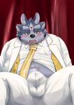  2019 absurd_res anthro belly biped black_nose blush bottomwear bulge clothed clothing hamagiato hi_res male navel necktie open_shirt overweight overweight_male pants shirt sitting solo tokyo_afterschool_summoners tongue topwear tsathoggua video_games 