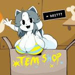  2019 absurd_res anthro anthrofied bent_over big_breasts big_butt bikini bikini_top biped black_eyes bottomless breasts butt canid canine canis clothed clothing dialogue domestic_cat domestic_dog english_text eyelashes felid feline felis female front_view fur gesture grey_hair hair hi_res huge_breasts looking_at_viewer mammal open_mouth open_smile pattern_clothing short_hair short_stack smile solo standing striped_clothing stripes swimwear tem temmie_(undertale) termiboi text topwear undertale video_games waving white_body white_fur wide_hips 