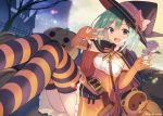  animal blue_eyes blush bow candy cape clouds dress elbow_gloves gloves green_hair halloween hat lollipop moon night original pumpkin shirai_tanuki short_hair signed thighhighs tree witch_hat 