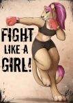  2019 action_pose anthro blue_eyes bottomwear boxing boxing_gloves bra clothing dipstick_tail dixie_lioness english_text eyebrows felid female fur hair handwear hi_res inner_ear_fluff lion lizet mammal midriff multicolored_tail muscular muscular_female on_one_leg pantherine pink_hair pink_nose ponytail pose punch shorts signature smile solo sport sports_bra standing tan_body tan_fur text tuft underwear whiskers 