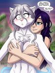  2018 anthro bedroom_eyes blue_eyes blush breast_grab breasts canid canine canis chest_tuft dialogue duo english_text female female/female fur grey_hair grope hair half-closed_eyes hand_on_breast heresy_(artist) hi_res hot_spring hug hugging_from_behind human human_on_anthro interspecies keidran mammal maren_taverndatter navel nude outside purple_hair raine_silverlock seductive smile smirk speech_bubble surprise text towel tuft twokinds water webcomic wet wet_hair white_body white_fur wolf yellow_eyes 