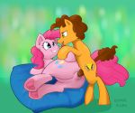  2019 absurd_res bite biting_lip blue_eyes bodily_fluids brown_hair butt cheese_sandwich_(mlp) cutie_mark digital_media_(artwork) duo earth_pony equid equine eye_contact female feral feral_on_feral friendship_is_magic fur green_eyes hair hand_holding hi_res horse kumakum looking_at_another lying male male/female mammal my_little_pony nude orange_body orange_skin pillow pink_body pink_fur pink_hair pinkie_pie_(mlp) pony smile tongue underhoof vaginal 