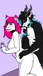  2019 against_wall anthro blush breasts digital_media_(artwork) felid felidae feline female fingers fur hair hi_res horn kinktober male male/female mammal meryiel nipples nude penetration pink_hair simple_background smile 