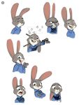  angry anthro buckteeth clothing crossed_arms disney ears_down fur gesture grey_body grey_fur judy_hopps lagomorph leporid mammal open_mouth open_smile pivoted_ears pointing police_uniform rabbit sad simple_background smile solo teeth tranquilizer uniform unknown_artist white_background zootopia 