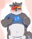 2019 anthro belly blue_eyes blush canid canine canis clothing domestic_dog hi_res male mammal navel okmt_redbull overweight overweight_male shirt simple_background solo topwear 