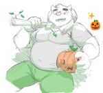  2019 anthro belly bottomwear clothing food fruit halloween hi_res holidays humanoid_hands jack-o&#039;-lantern male mammal numpia overweight overweight_male pants plant pumpkin shirt solo strawhat tokyo_afterschool_summoners topwear towel ursid video_games volos 