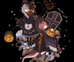  2girls apron aqua_eyes black bow brown_eyes cropped fang goth-loli gray_hair gwayo halloween hat horns japanese_clothes lolita_fashion original pink_hair pumpkin tail witch witch_hat 