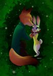  anthro bottomwear canid canine clothed clothing detailed_background dipstick_ears disney duo fox fully_clothed fur grass green_eyes grey_body grey_fur head_tuft hi_res judy_hopps kneeling lagomorph leporid light lighting looking_at_another madhattermisfits mammal multicolored_ears nick_wilde orange_body orange_fur pants plant purple_eyes rabbit red_fox scut_tail shirt standing topwear tuft zootopia 