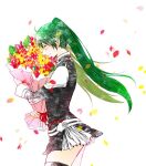  1girl ahoge asukawvm belt black_jacket black_order_uniform black_skirt black_thighhighs blush bouquet buttons closed_eyes collared_jacket commentary_request d.gray-man facing_object facing_to_the_side falling_petals floating_hair flower green_hair green_leaf hair_between_eyes holding holding_bouquet holding_flower horizontal-striped_belt jacket leaf lenalee_lee long_hair long_sleeves looking_down miniskirt petals pink_flower pink_petals profile red_flower red_petals red_ribbon ribbon sidelocks simple_background skirt smelling smelling_flower smile solo striped_belt striped_clothes striped_jacket striped_skirt thighhighs thighs twintails upper_body vertical-striped_clothes vertical-striped_skirt very_long_hair white_background white_belt yellow_flower yellow_petals zettai_ryouiki 